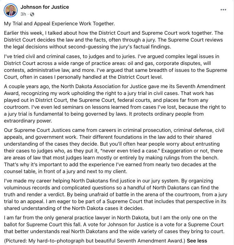 Johnson for Justice Facebook post, July 30, 2026, titled My Trial and Appeal Experience Work Together.